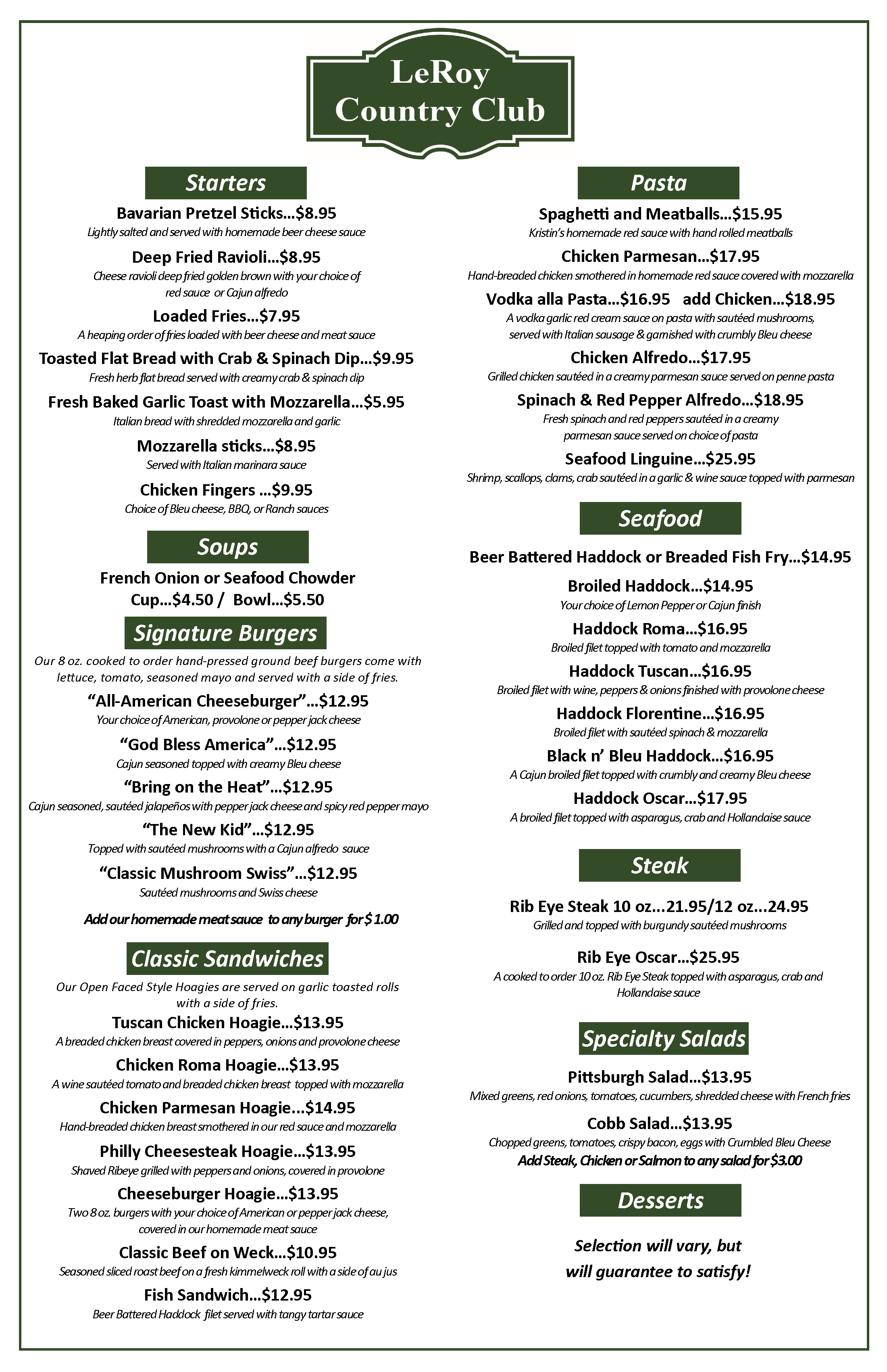 LeRoy Country Club Restaurant Hours and Menu