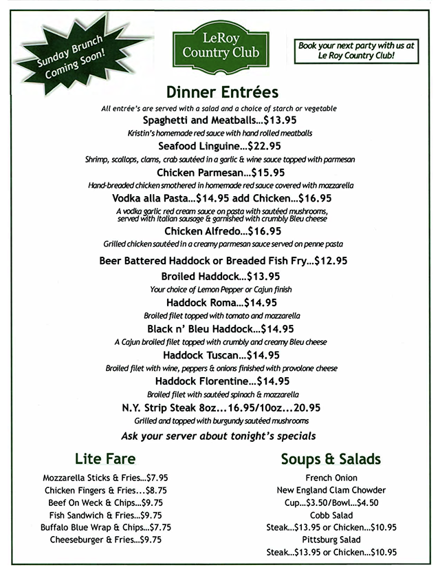 LeRoy Country Club Restaurant Hours and Menu